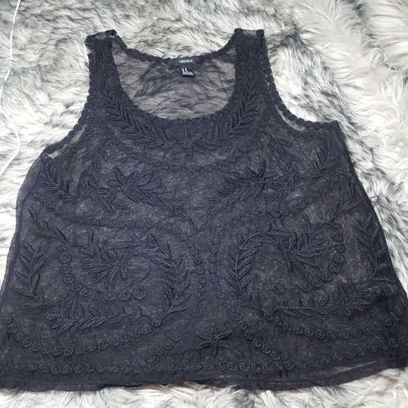 Forever 21 Tops - Black Flower Detail Sheer Top